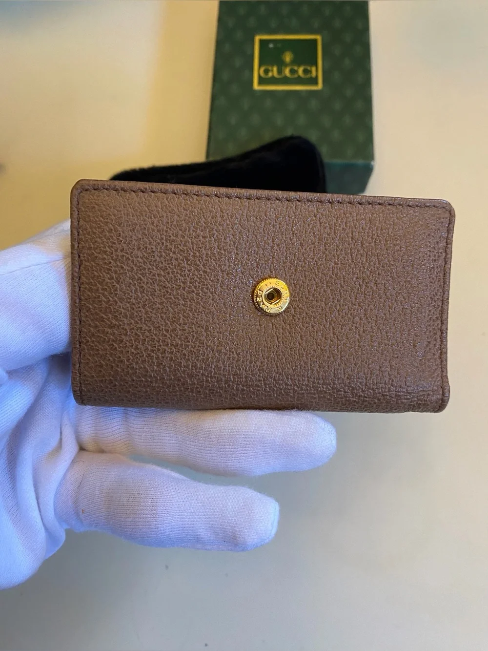 Gucci Brown Pebbled Leather Key / Card Case with Gold-Tone / Bamboo Hardware